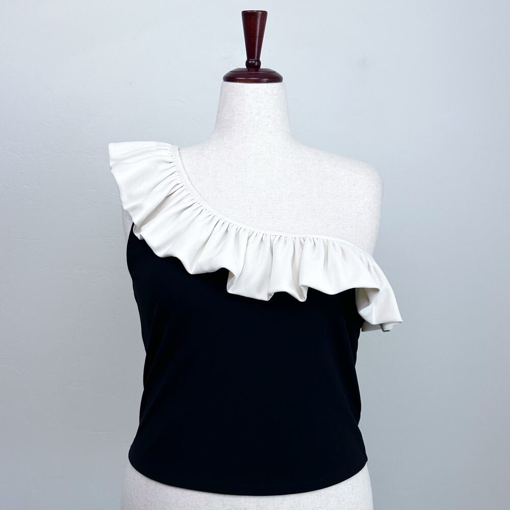 H&M XL Chic Elegant Glam Ruffle One-Shoulder Black White Sleeveless Top NWT